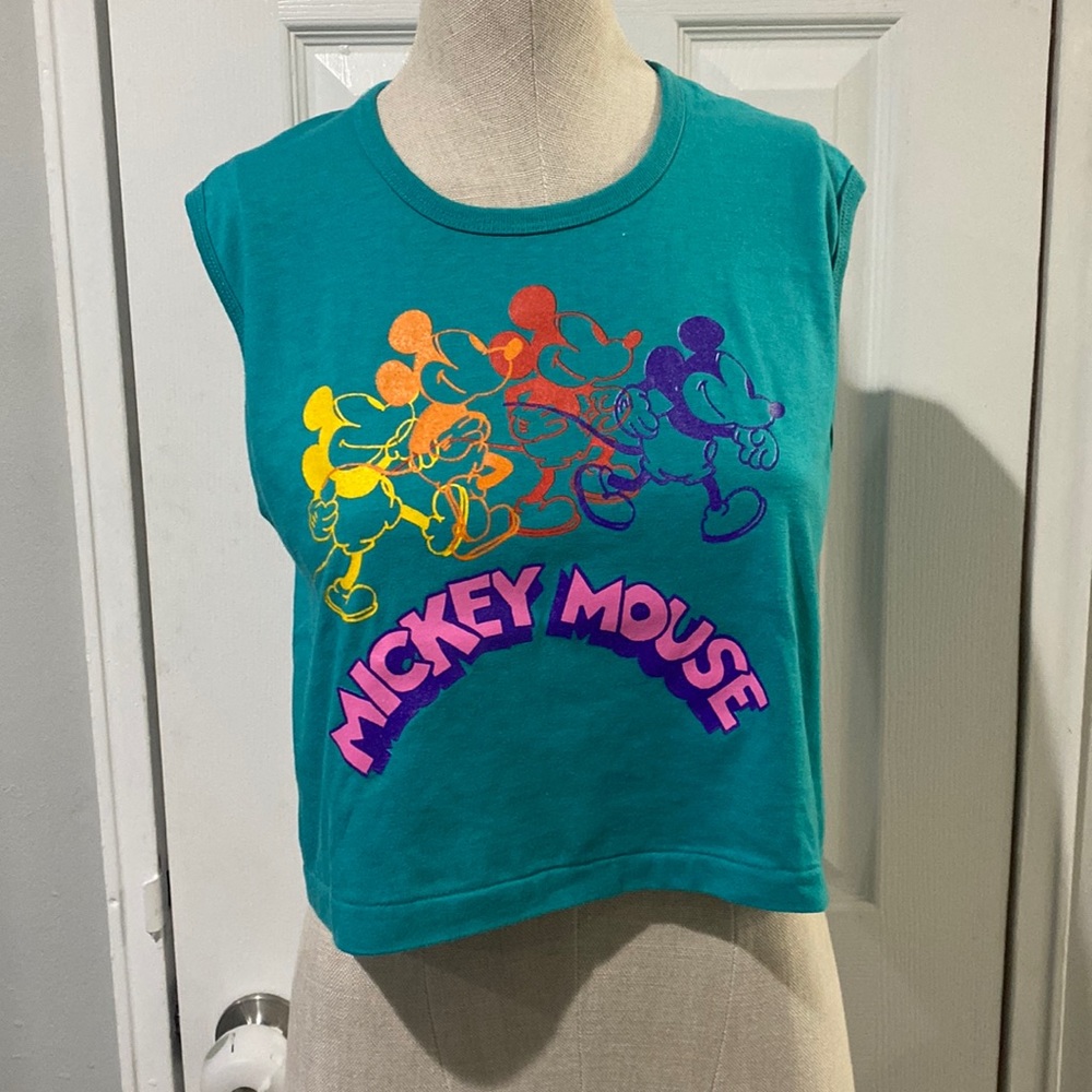 Disney Teal Crop Top with Rainbow Mickey Mouse Graphic